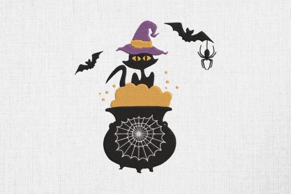 Witch Black Cat Embroidery Design